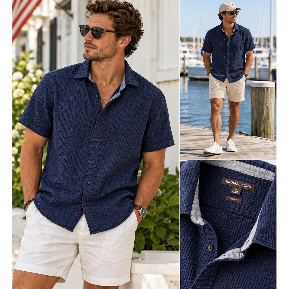 Michael Kors Seersucker Shirt Mens XL Coastal Preppy Navy Blue Cotton Textured